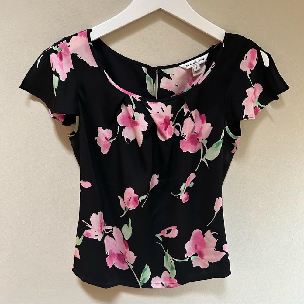 St John ~Black Silk Vibrant Floral Flutter Sleeve Top